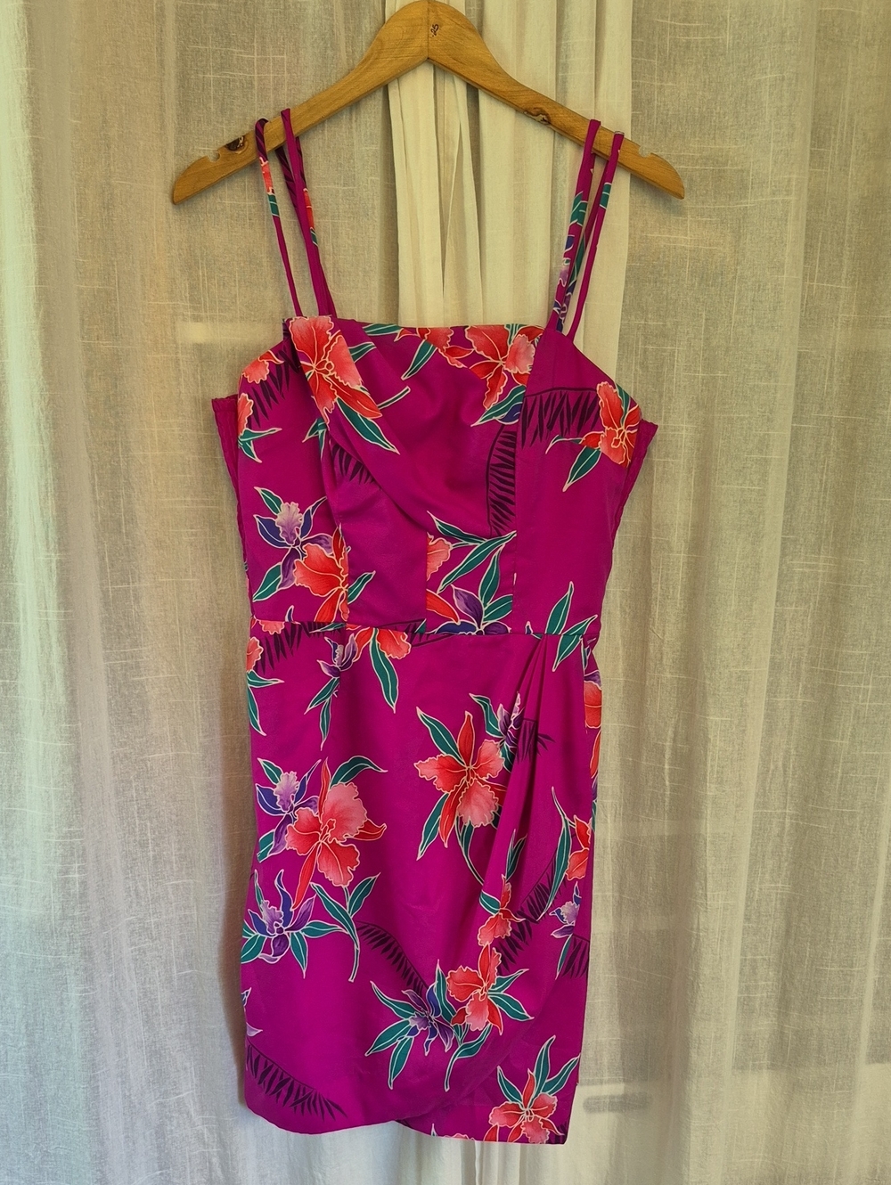 Vintage Tiki Orquid Fuchsia Floral Spaghetti-Strap Mini Dress